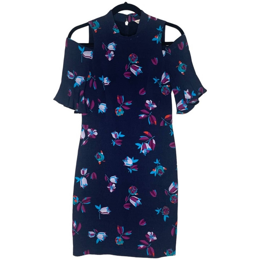 Rebecca Taylor Bellflower Print Navy Dress – Cold Shoulder Cutout Floral, Size 2